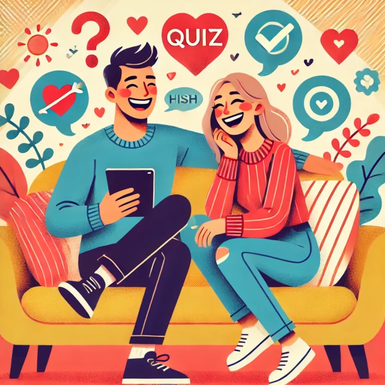 Illustration amusante et engageante montrant un couple heureux qui s'amuse à jouer au quiz ensemble. Ils sont confortablement assis sur un canapé.