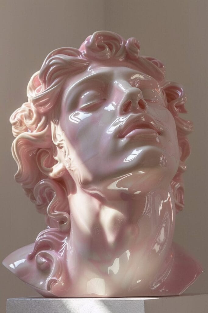 Une sculpture brillante de couleur rose, exposée sur un piédestal, invite à la contemplation des différents types de sexualité dans les relations, capturant la beauté diverse de la connexion humaine.