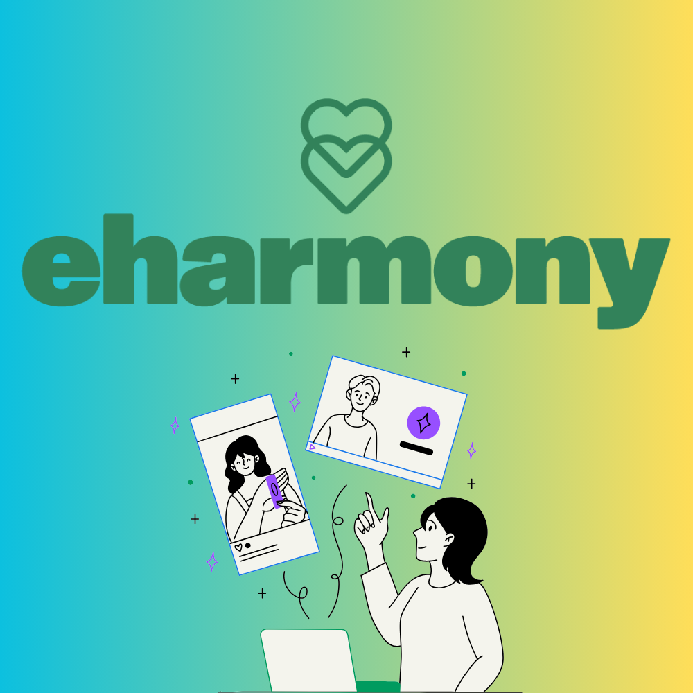 Illustration d'une personne utilisant un ordinateur portable avec des images de profil de rencontre flottantes ci-dessus, mettant en évidence le logo eHarmony, une application de rencontre de confiance pour des relations sérieuses en 2024.