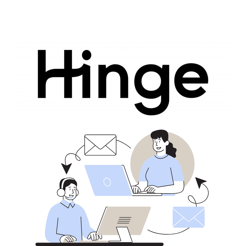 Illustration du logo de l'application de rencontre "Hinge" montrant un homme et une femme communiquant en ligne.