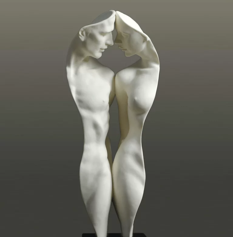 Abstract ivory sculpture of two elongated human figures facing each other, embodying the essence of relationships with smooth, flowing forms and minimal details, set against a muted background.