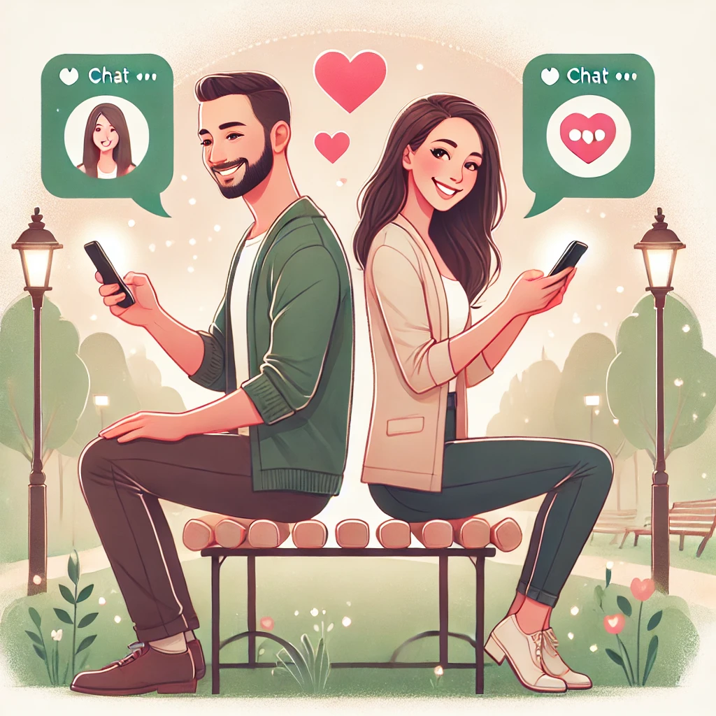 Dans un parc décoré de cœurs, un homme et une femme sont assis dos à dos sur un banc et sourient en échangeant des messages sur des applications de rencontre. Des bulles de dialogue flottent au-dessus d'eux, laissant présager l'éclosion de relations sérieuses à l'horizon 2024.