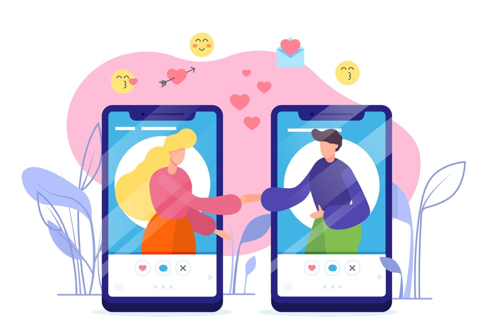 Illustration de deux personnes sur des écrans mobiles se serrant la main, entourées de cœurs et de smileys, symbolisant la recherche de relations sérieuses en 2024 par le biais des applications de rencontres.