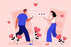 Un homme et une femme marchant l'un vers l'autre avec leur téléphone, entourés de roses et d'icônes de cœur, illustre avec élégance le thème de la romance en ligne et le rôle que jouent les applications de rencontres dans la promotion de relations sérieuses.