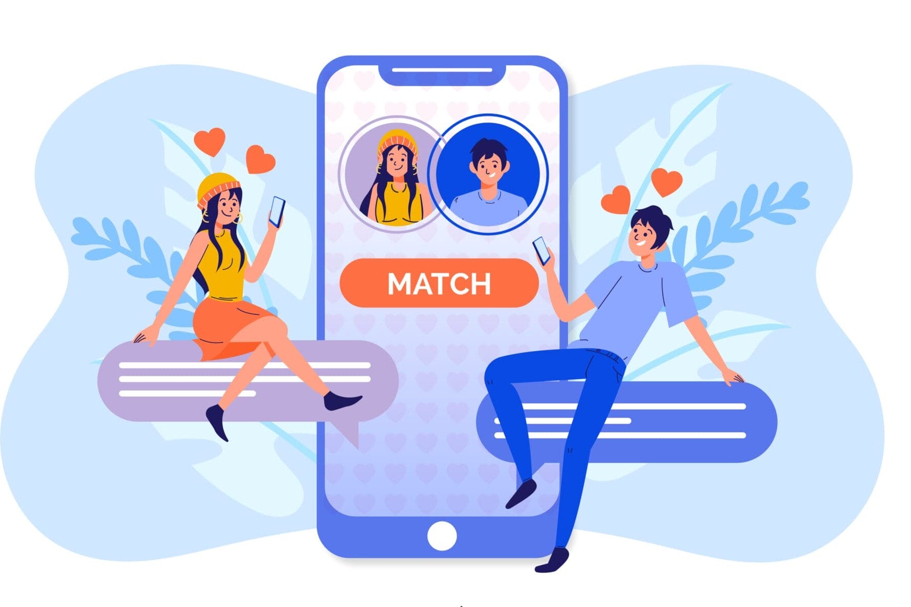 Illustration de deux personnes assises sur un smartphone montrant un écran d'application de rencontre sur lequel on peut lire "MATCH". En 2024, les applications de rencontres transforment les contacts en relations sérieuses et rapprochent les cœurs à l'ère numérique.