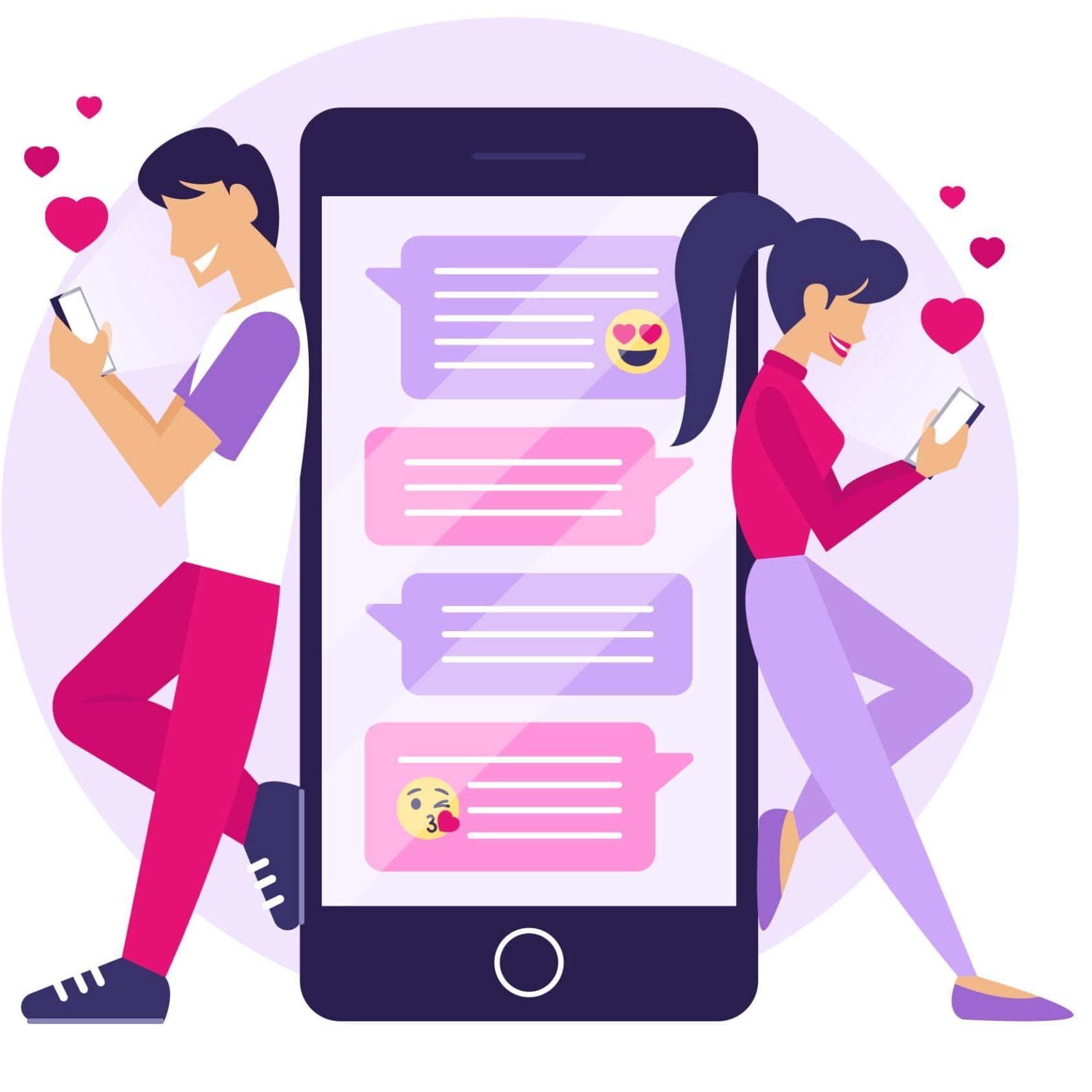 Illustration d'un homme et d'une femme appuyés sur un grand smartphone, utilisant des applications de rencontres en 2024 pour échanger des messages textuels avec des émojis de cœur, laissant présager le début de relations sérieuses.