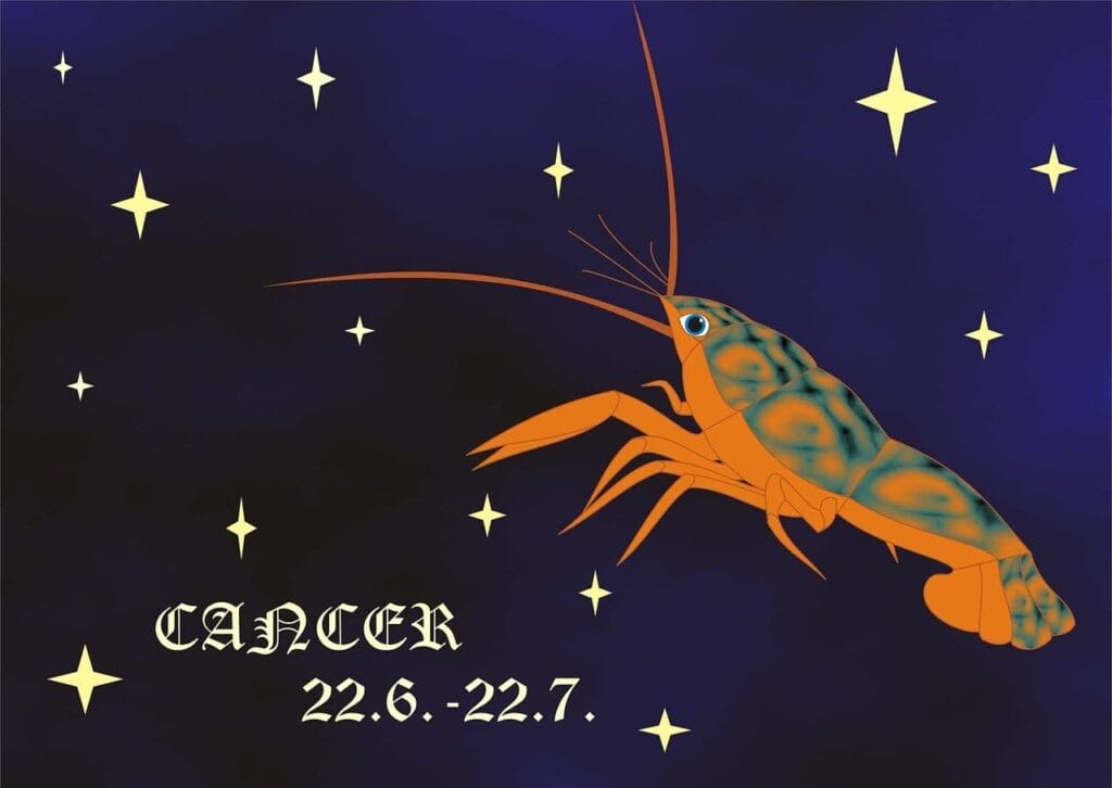 L'illustration du signe astrologique du Cancer avec une créature en forme de crabe parmi les étoiles, avec les dates 22.6 - 22.7, met en évidence la profonde compatibilité sexuelle liée à la nature nourricière de ce signe d'eau.