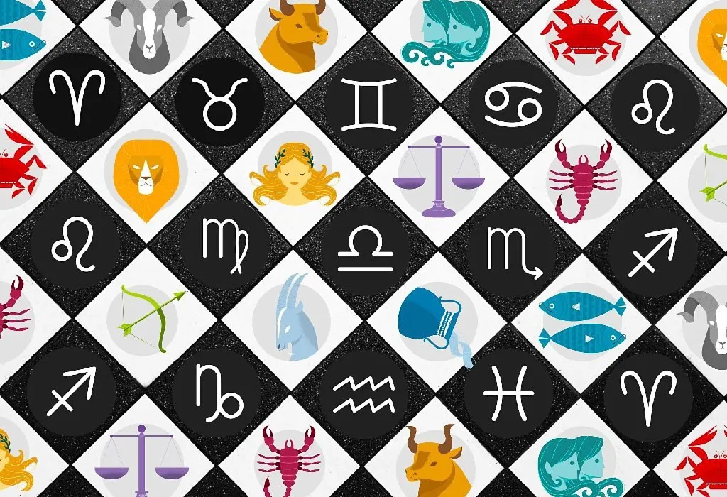 Signes du zodiaque illustrés et disposés en damier, avec les symboles et les animaux correspondant à chaque signe astrologique, mettant en évidence les éléments de la compatibilité sexuelle.